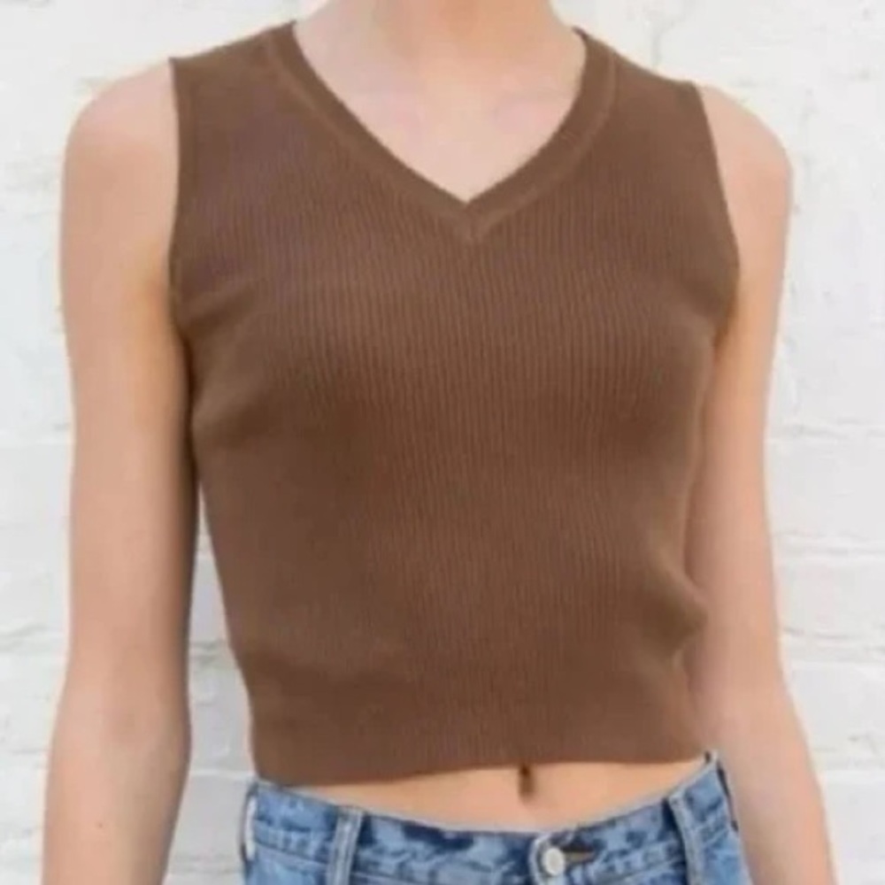 Brandy Melville John Galt Women's Brown Ribbed V-Neck Sleeveless Crop Top